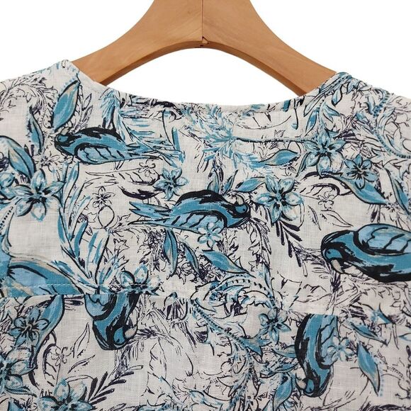 Tahari Linen Blouse Womens 1X White Blue Roll Tab Sleeve Button Up Floral Casual - Picture 6 of 12
